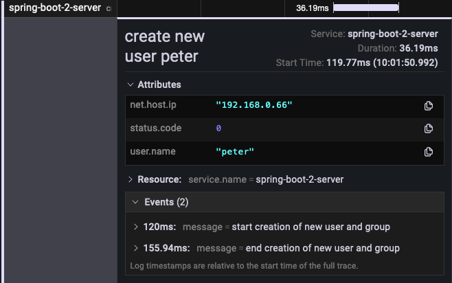 Screenshot of created span in Grafana