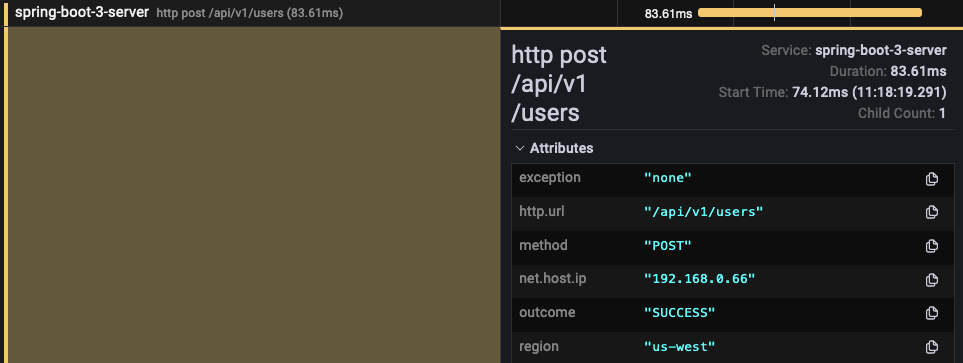 Spring Boot instrumented span showcasing the presence of the region attribute